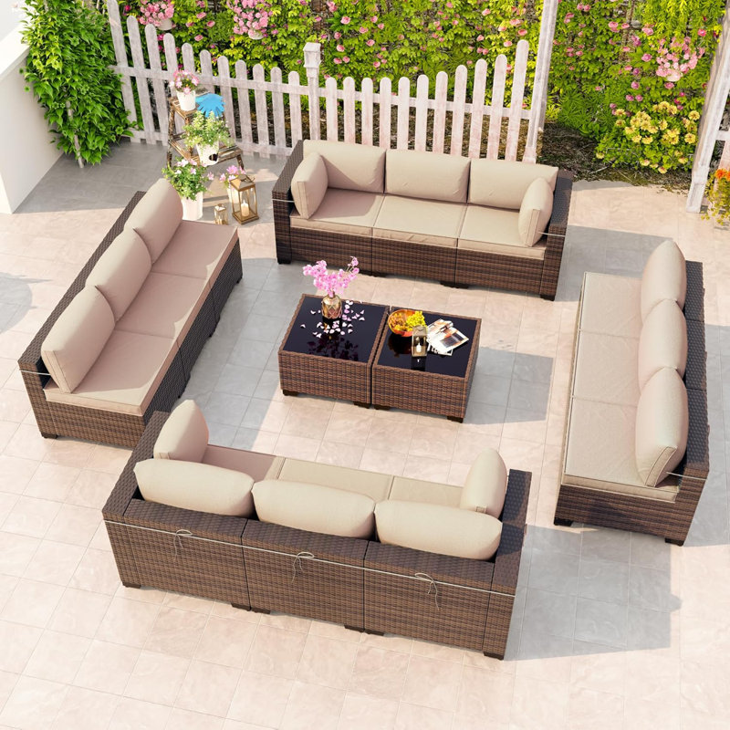 Demaio 14-Piece Rattan Sectional Seating Group With Cushions Modular Outdoor Furniture Set For Patio Garden And Poolside