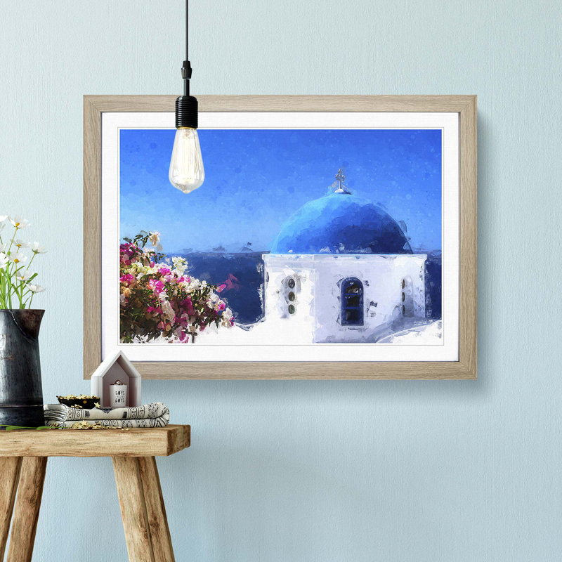 Santorini Blue Domed Church in Abstract - Picture Frame Graphic Art Print, 35cm H x 50cm W x 2cm D, Oak