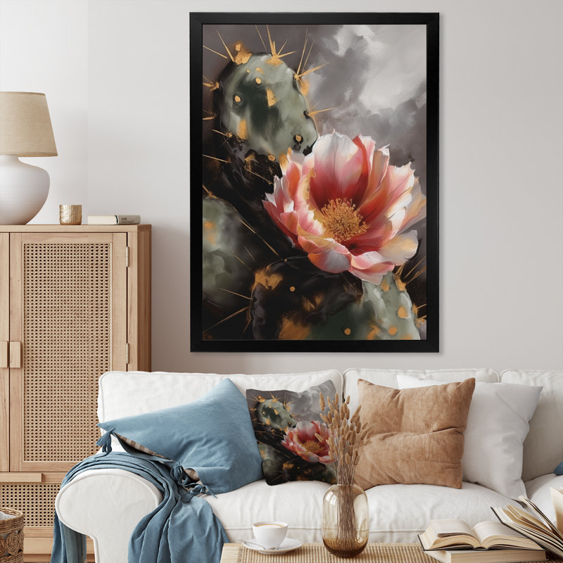 Impression sur toile de cactus orange et vert I - Floral, Cadre photo noir, H 20 po x l 12 po