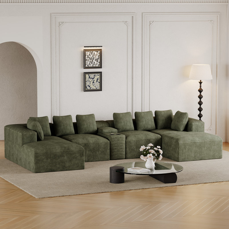 Canapé modulaire de 5 pièces sans assemblage avec chaises, console et porte-gobelet, Vert