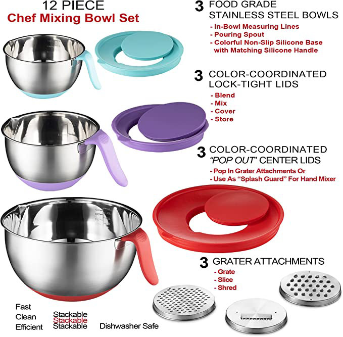 Stainless Steel Mixing Bowls Set with Colorful Lids and Handles