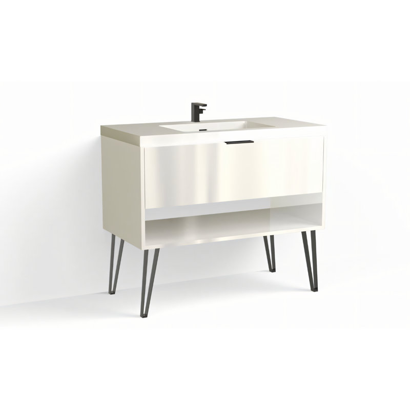 Modo 42" W Freestanding Single Bathroom Vanity with Dawson Leg, Glossy White/Single, White Acrylic, Matte Black