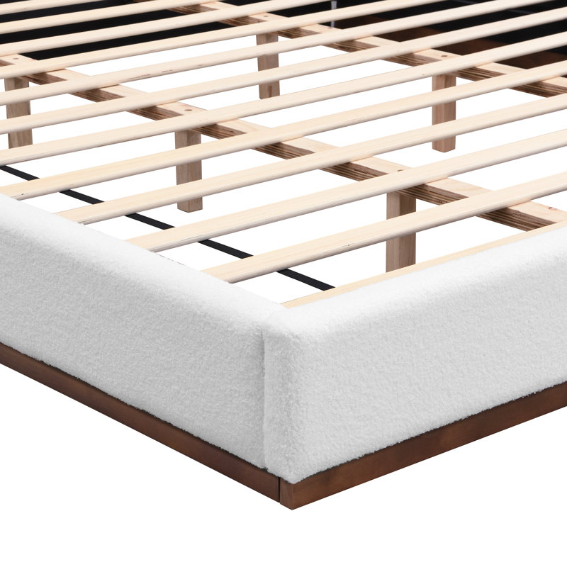 Elegant White Fabric Upholstered Bed With Nice Wood Grain Textured Solid Wood Base Frame, King