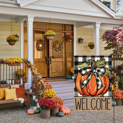 Fall Pumpkin Welcome Garden Flag Double Sided, Autumn Thanksgiving Holiday Harvest Buffalo Plaid Yard Outdoor Decoration 12X18 Inch