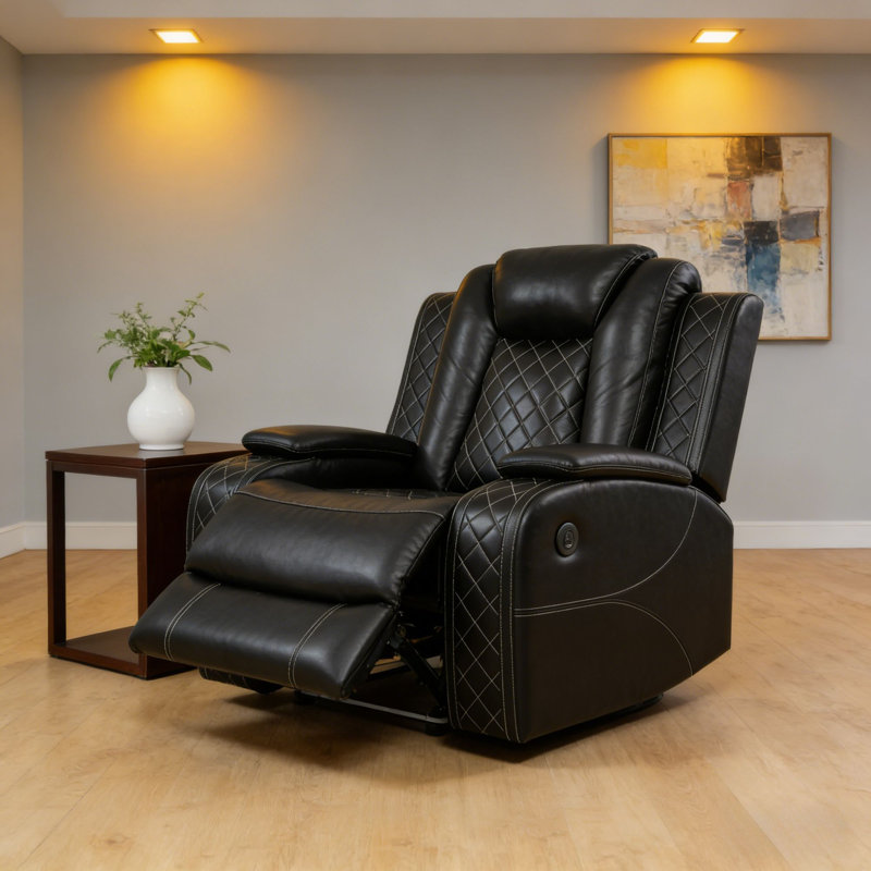 Fauteuil inclinable électrique en faux cuir avec coutures et rangement Diamond, Noir