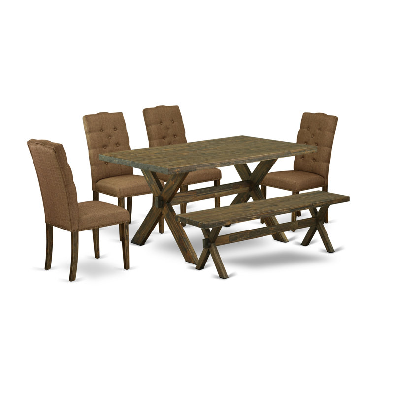 L'ensemble de salle à manger 6 pièces comprend une table de salle à manger rectangulaire avec des pieds en X et 4 chaises Parson en tissu brun avec un banc, finition jacobine patinée