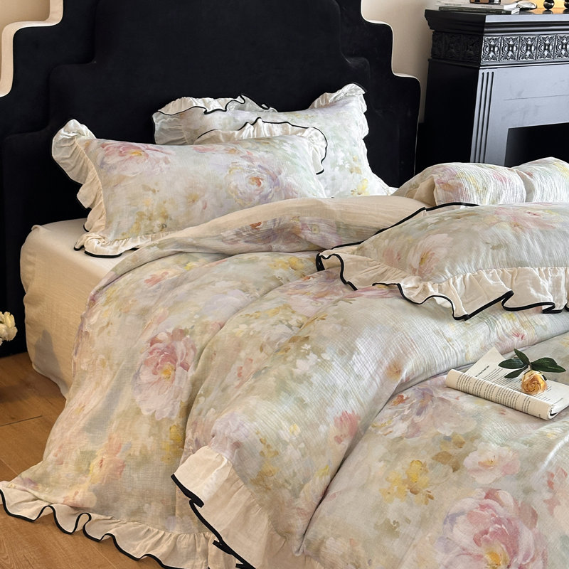 Floral Double-Layer Crinkle Cotton Duvet Cover Set, Beige, King Duvet Cover + 2 Pillowcases