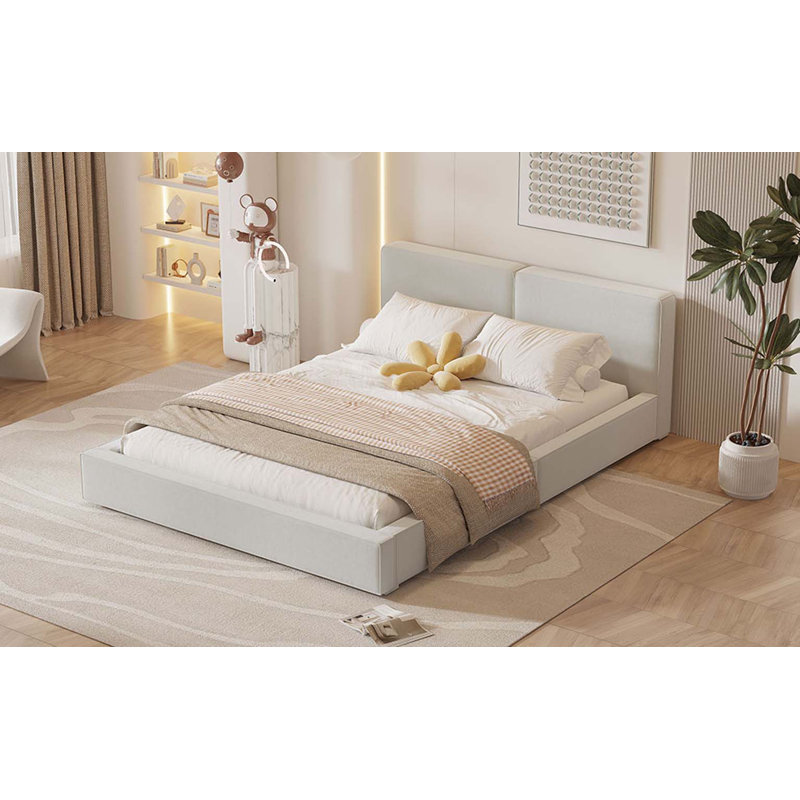 Grand lit plateforme tapissier avec tissu en velours, Beige