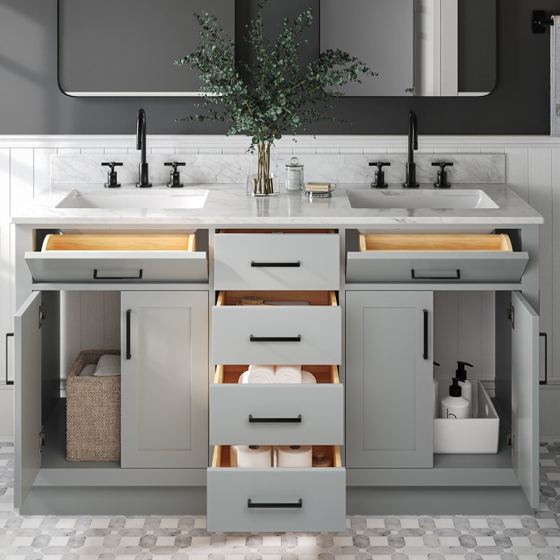Meuble-lavabo double en bois massif 60 po avec lavabo en marbre de Carrare 0,75 po Jameal, gris, Forme rectangulaire