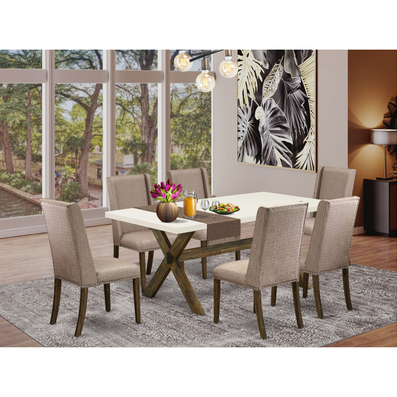 Ensemble de salle à manger 7 pièces composé d'une table de salle à manger rectangulaire avec pieds en X et 6 chaises Parson rembourrées en tissu kaki foncé