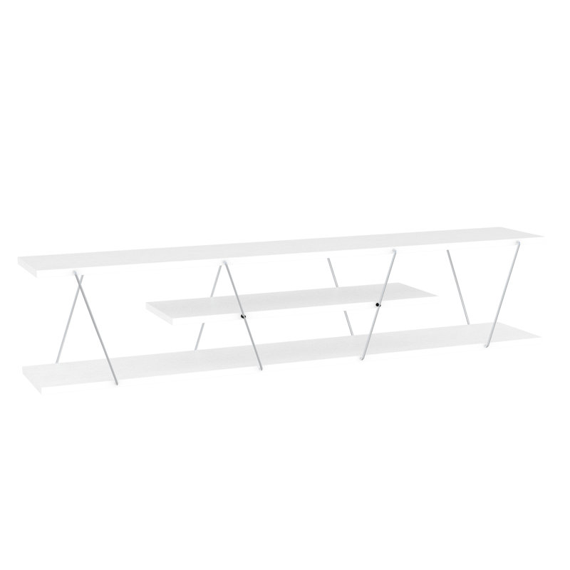 Mid Century Modern Entertainment Tv Unit Stand, 56 Inch Low With 4 Shelves Open Storage In White/ Stand Shelves, White And