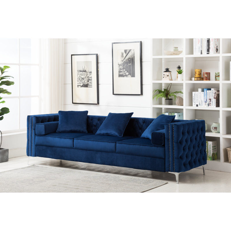 Canapé Chesterfield Zaida, Velours bleu