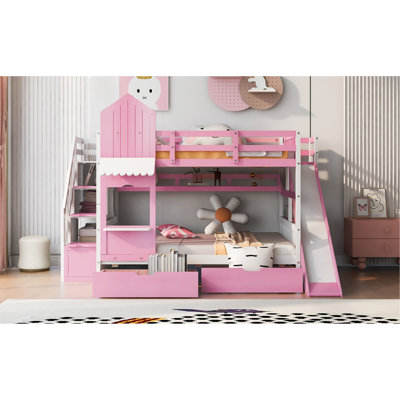 Lit superposé rose avec design, 2 tiroirs, 3 tablettes et glissade - idéal pour la chambre à coucher