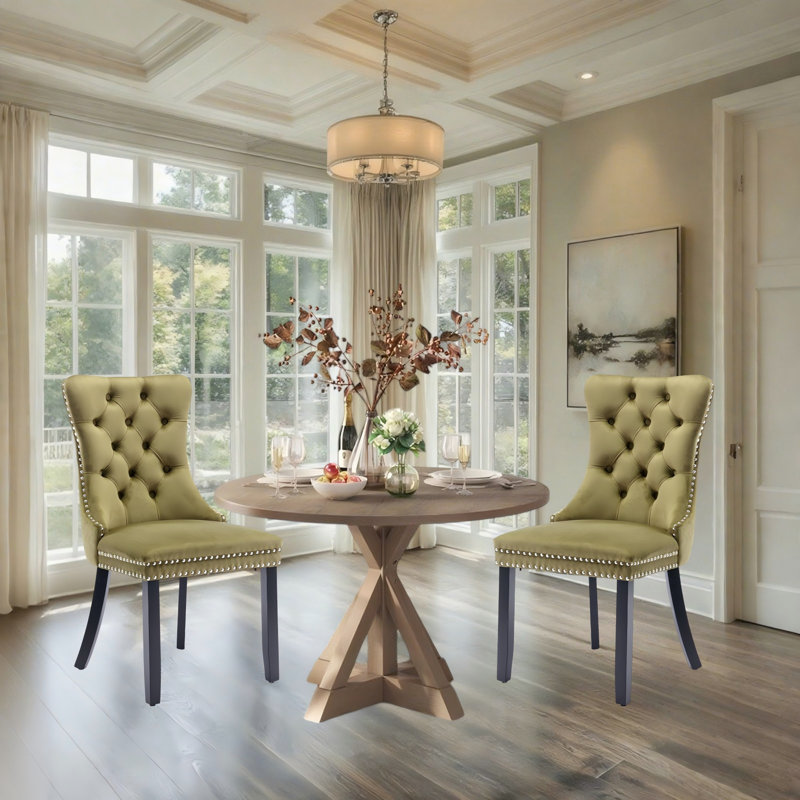 Friedrun Velvet Dining Chair Tufted Dining Room Chair with Solid Wood Leg, Sage