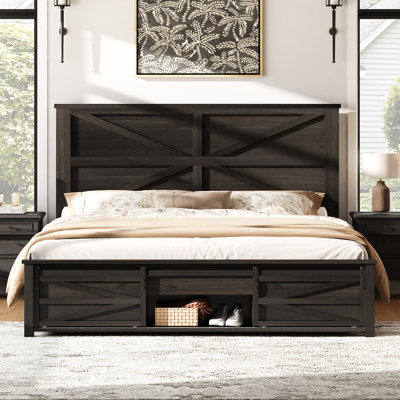 49" H Farmhouse Bed Frame With Sliding Barn Door Storage Cabinets