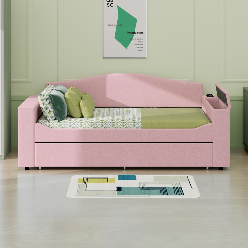Upholstered Daybed With Storage Armrests, Trundle Bed And Latest Integrated Bluetooth Audio System, Twin, Pink