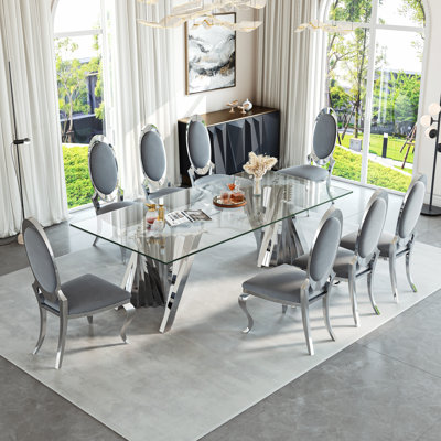 8 - Person 94.49'' Glass Top Double Pedestal Dining Set