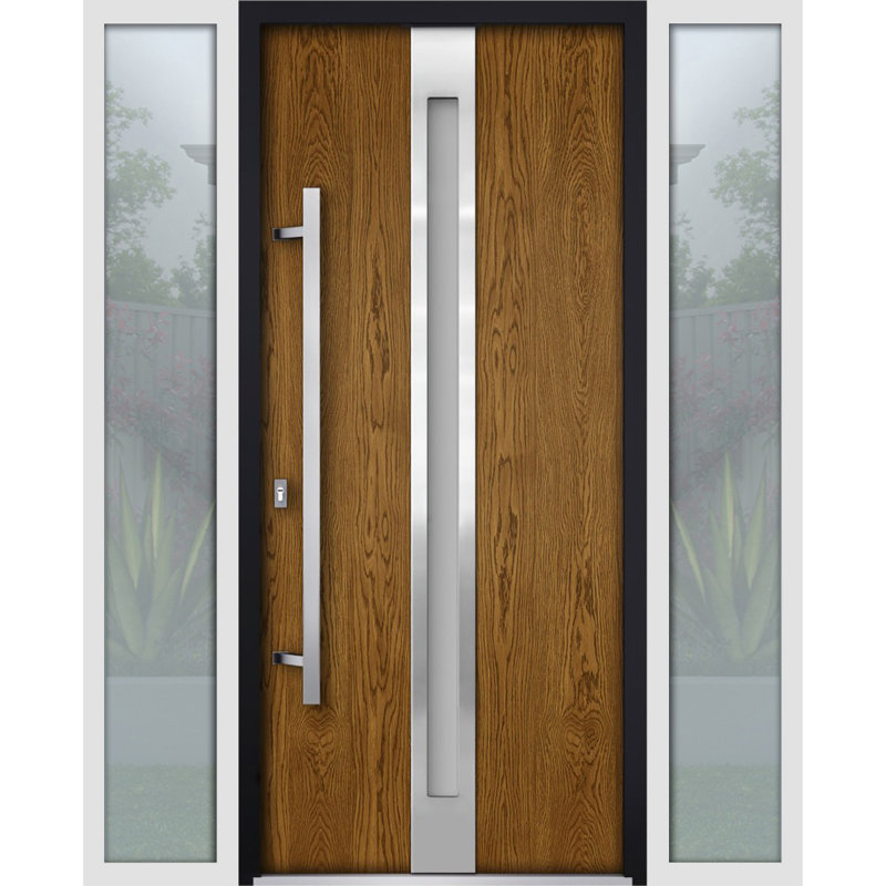 Porte avant en acier pré-suspendue à l'avant / deux en chêne naturel 1744/2 fenêtres extérieures latérales blanches / inserts en acier inoxydable simples peints modernes - l 16 + 36 + 16 po x H 80 po - À droite