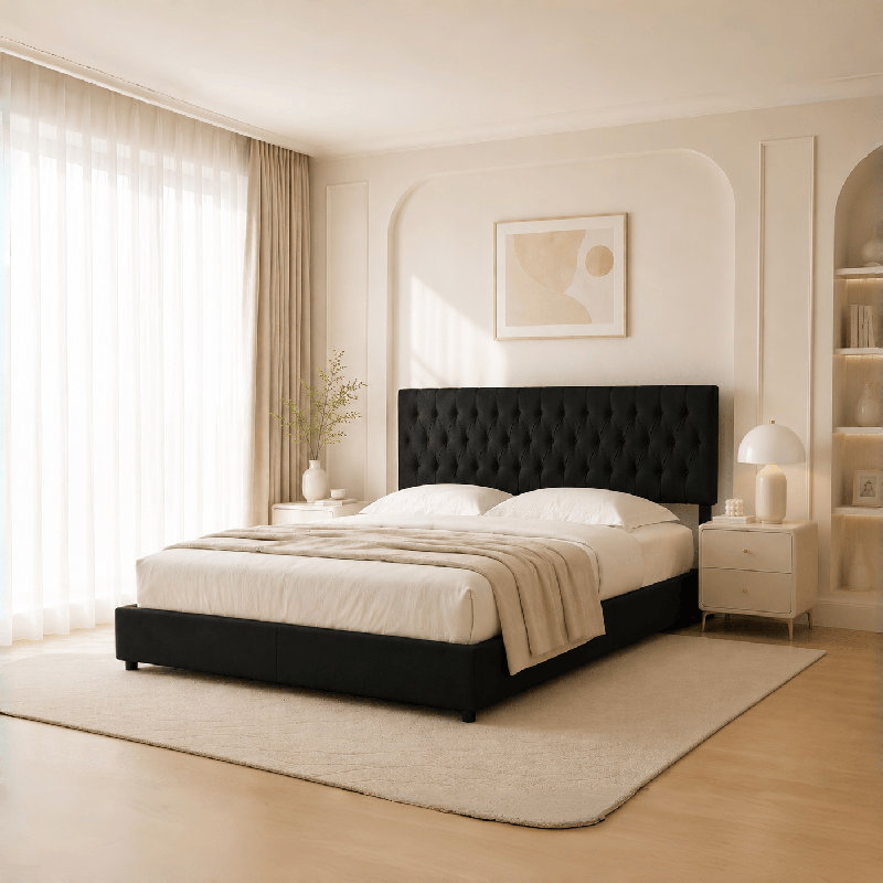 4 Storage Drawers Upholstered Bed, Black, Full