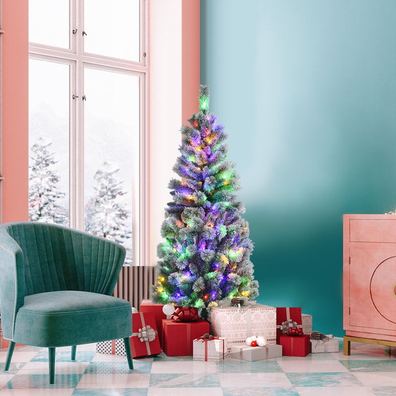 6ft Pre-Lit Snow Flocked Pine Christmas Tree with Multi-Color LED Lights