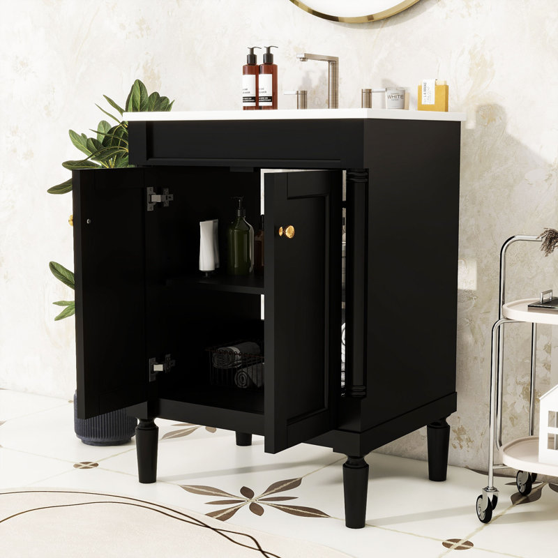 Sunde 24'' Single Bathroom Vanity with Ceramic Top, Modern Bathroom Storage Cabinet, Black
