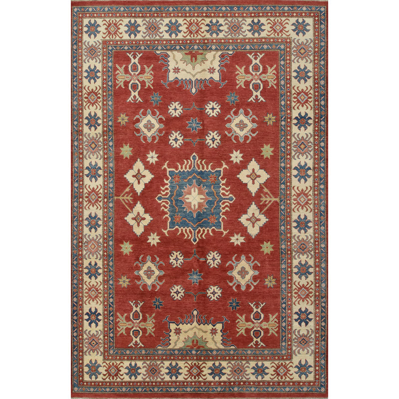 Tapis unique en laine noué à la main rouge / beige / bleu de 8 pi 6 po x 13 pi 2 po Ludford