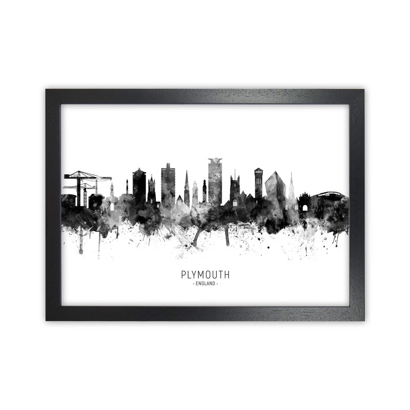 Plymouth England Skyline Black White City Name by Michael Tompsett - Print, 34cm H x 46cm W x 3cm D, Black Framed