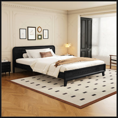 Pine Solid Wood Queen Size Bed, Durable And Stable With No Box Spring Needed, In Elegant Black Finish