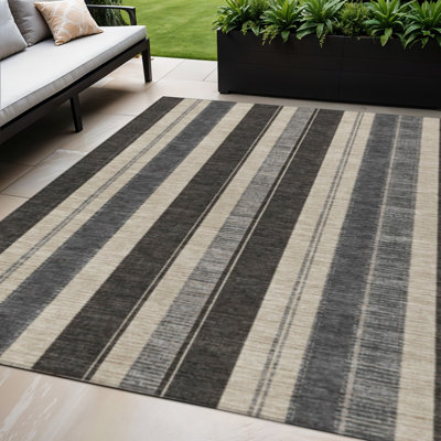 5' X 8' Black And Ivory Striped Washable Indoor Outdoor Area Rug