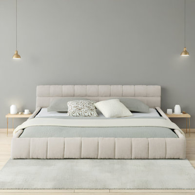 Structure de lit rembourrée avec tissu épais en chenille et lit plateforme avec tête de lit et structure solide