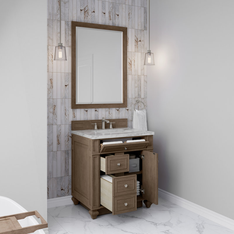 Bristol 30'' W Single Vanity, Whitewashed Walnut, Carrara White, 8" Widespread