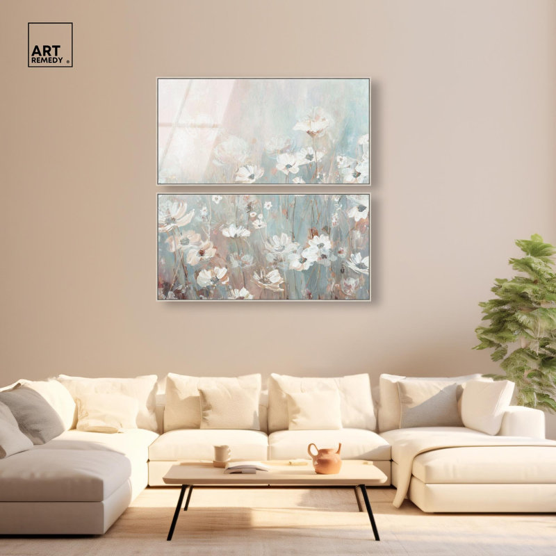 Champ fleuri - Ira Comleva, impression abstraite grand format en deux parties encadrée sur verre acrylique par Art Remedy, cadre argenté, 46 x 23
