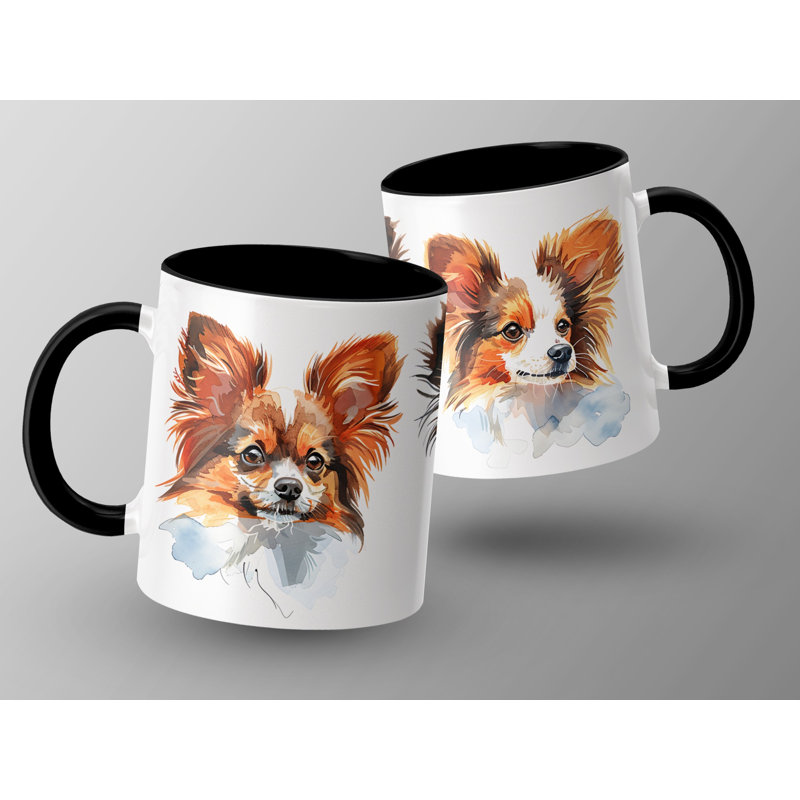 Watercolor Papillon Dog Breed Design 11oz Coffee Mug, Black, 2