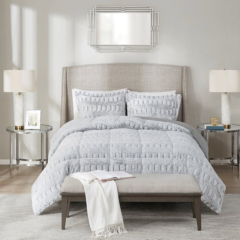 Édredon très grand / très grand gris - Fourrure longue à texture douce et décontractée, King Comforter + 2 Shams
