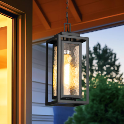 15" Outdoor Pendant Light, Modern Outside Hanging Porch Light, Black Outdoor Chandelier With Water-ripple Glass