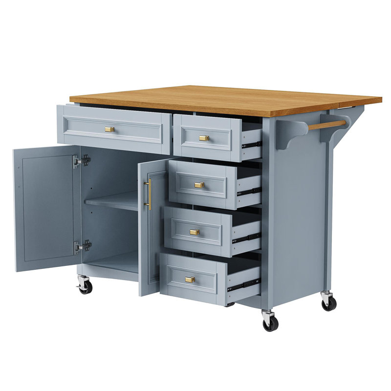 52'' Kitchen Island with Drop Leaf, Embossed Texture Kitchen Island on Wheels with Spice Rack, Towel Rack, 2 Doors and 5 Drawers, Kitchen Storage Cart with Adjustable Shelf for Kitchen, Blue Grey