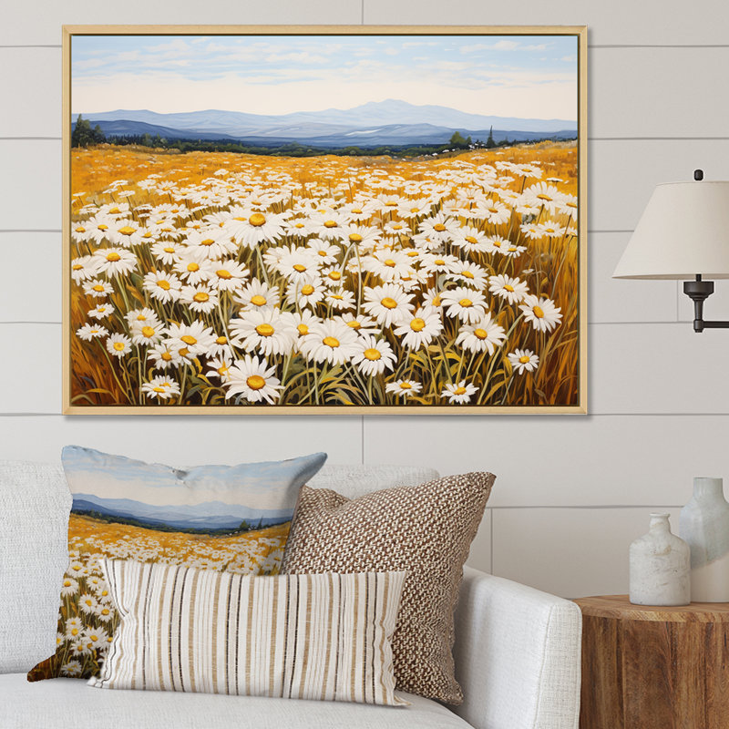 Symphonie de marguerites blanches sur le terrain, L 32 po x H 24 po x P 1 po, Cadre flottant blanc