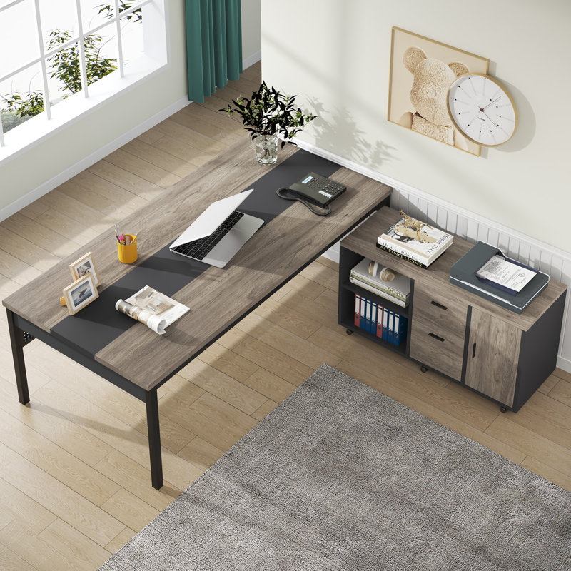 L-Shaped Iron Executive Desk, Gray/Black