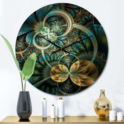 Symmetrical Blue Gold Fractal Flower - Modern wall clock