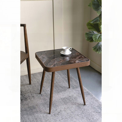 Table d'appoint carrée avec plateau en verre et faux marbre - pieds en fer doré, 17,3 po