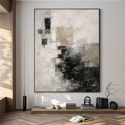 Très grand art mural imprimé sur tissu - Composition abstraite minimaliste, neutre, beige et noire à motif géométrique moderne pour le salon ou la chambre à coucher - «Assemblage requis du cadre (cadre non fini)»