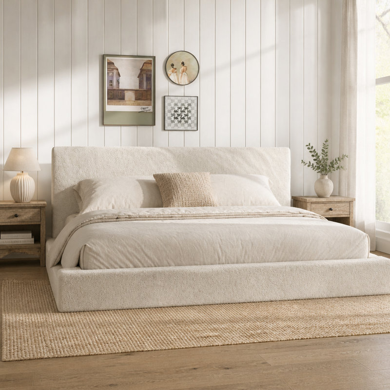 Upholstered Bed, Très grand californien, Blanc crémeux