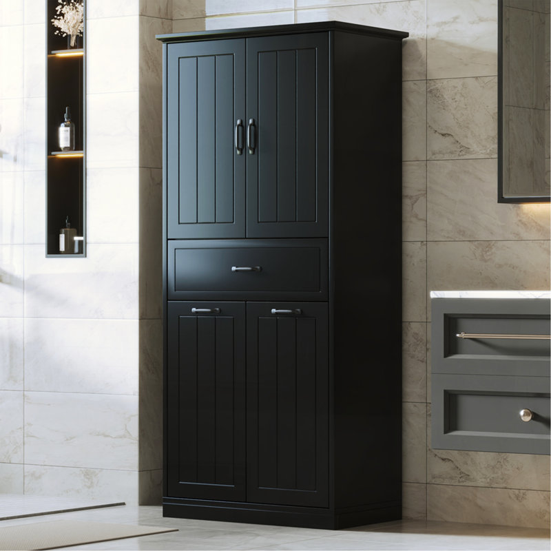 Bathroom Storage Cabinet With Two Laundry Baskets, Storage Cabinet With Doors And Drawer For Home, Black