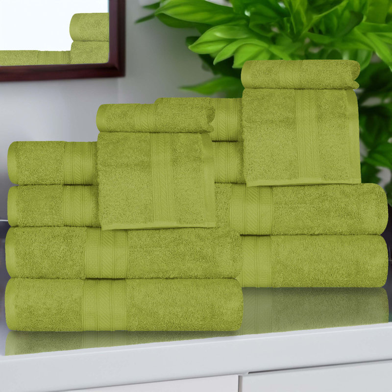 Atlas Cotton Plush Soft Highly-Absorbent Heavyweight Luxury 12 Piece Assorted Towel Set, Green Essence