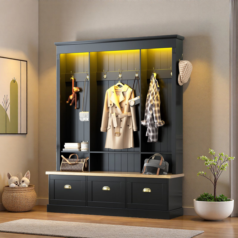 Elegant Hall Tree With App Controlled Led Light, 9 Hooks, Storage Bench, 3 Large Cabinets And Open Shelves, Black
