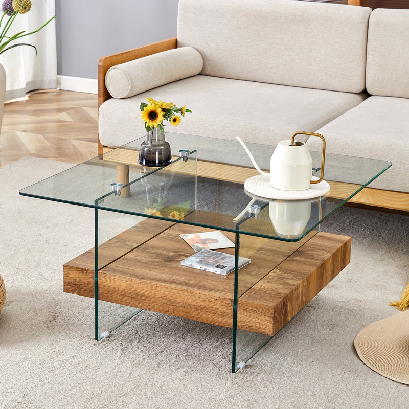 Table basse carrée à deux niveaux, plateau en verre moderne avec tablette inférieure en bois clair, conception polyvalente
