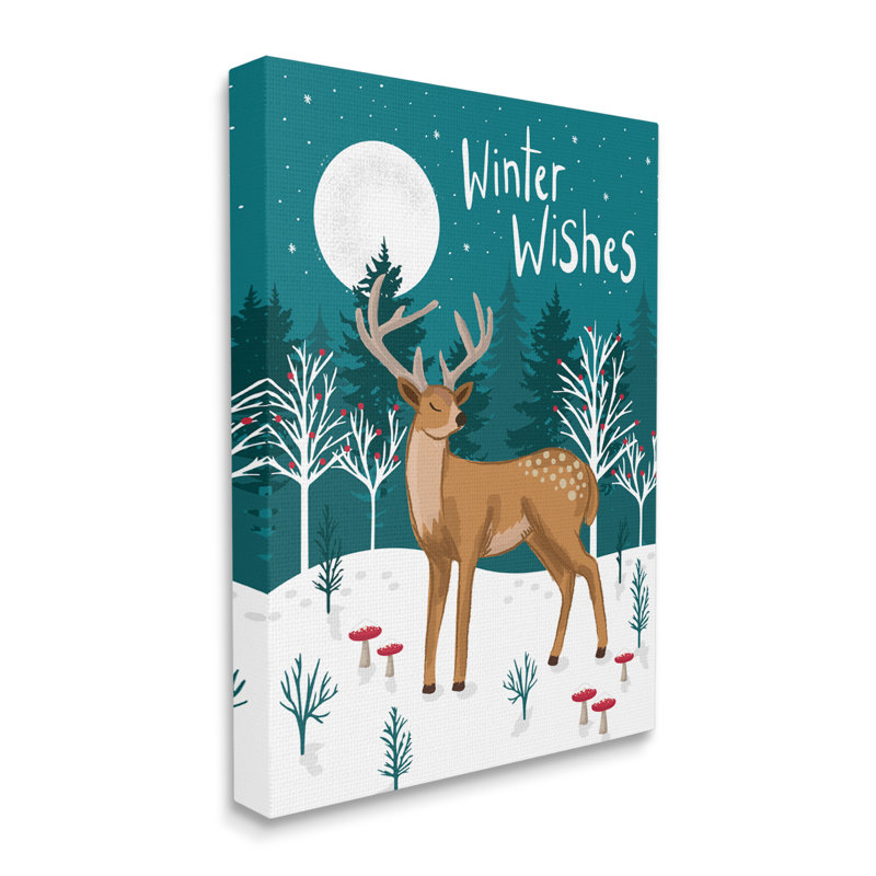 «Winter Wishes Saying Midnight Reindeer Forest Landscape» par Lisa White boutons - Impression sur toile, H 30 po x l 24 po