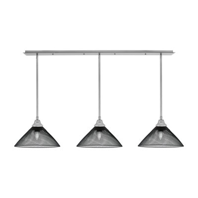 3 Light Stem Hung Linear Pendalier, 14" Dark Granite Cone Mesh Metal Shades