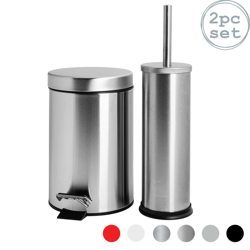 Harbour Housewares Round Bathroom Bin & Toilet Brush Set, Matt Silver