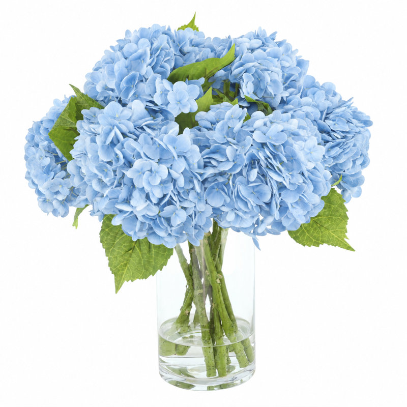 Real Touch Hydrangeas Arranged in a Glass Vase, Light Blue